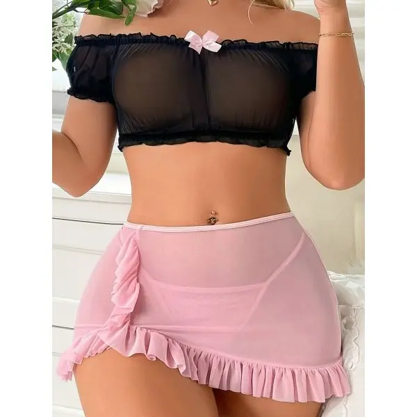 Transparent Soft Net Top & Ruffle Skirt Lingerie Set For Women - Image 5