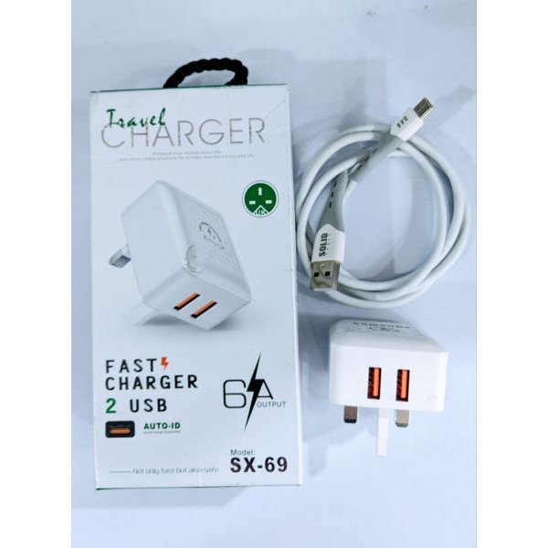 Travel Charger Fast Charging With 2USB Port Plus T C Data Cable 6A Output - Image 2