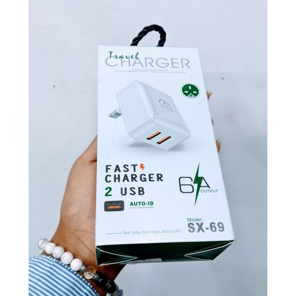 Travel Charger Fast Charging With 2USB Port Plus T C Data Cable 6A Output - Image 3