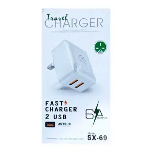 Travel Charger Fast Charging With 2USB Port Plus T C Data Cable 6A Output