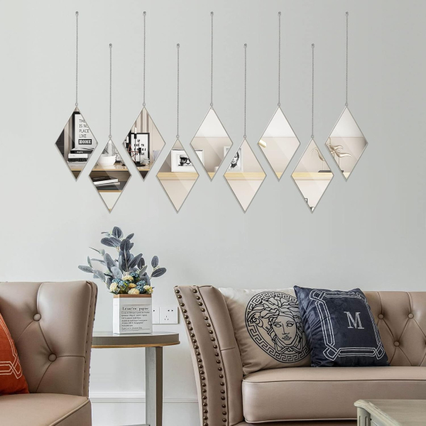 Trivera Diamond Real Mirror Set and Metal hanging Chain l Beautiful Wall Decor l Home and Office Decor l 3Pc Set (Not a Sticker) - Image 2