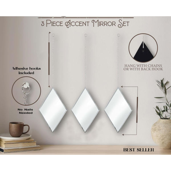 Trivera Diamond Real Mirror Set and Metal hanging Chain l Beautiful Wall Decor l Home and Office Decor l 3Pc Set (Not a Sticker) - Image 3