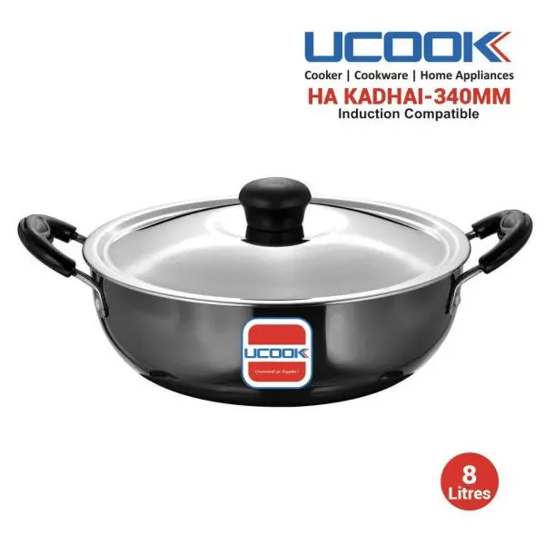 UCOOK Hard Anodised Induction Based Steel Lid Deep Kadhai 8 Litres - Image 3