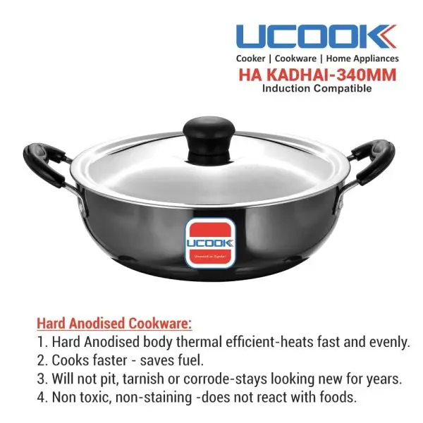 UCOOK Hard Anodised Induction Based Steel Lid Deep Kadhai 8 Litres - Image 5