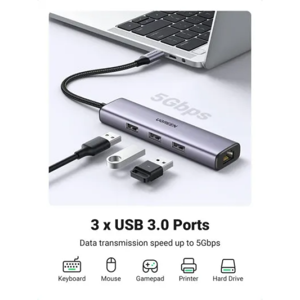 Ugreen Ethernet Adapter Usb C To 3×USB 3.0 Hub with RJ45 (1000m) - Image 6