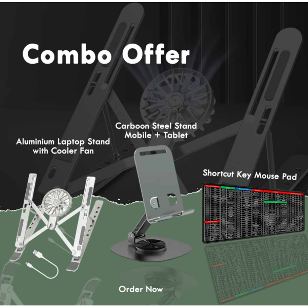 Ultimate Tech Combo Offer – 3-in-1 Desk Essentials - luminum Laptop Stand with Cooler Fan, a Carbon Steel Mobile & Tablet Stand, and a Shortcut Key Mouse Pad - Image 5