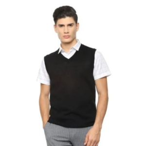 Unisex Solid V Neck Formal Black Half Sleeve Woolen Sweater For School/college