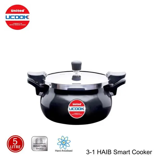 UNITED 3 In 1 HAIB Smart Cooker - 5 Ltrs Hard Anodised Induction Based ( Cooker + Strainer + Server )