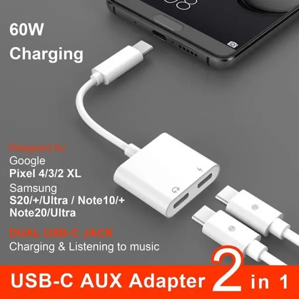 USB C Headphone Adapter, 60W Fast Charging, Dual Type-C Splitter Audio Converter - Image 3