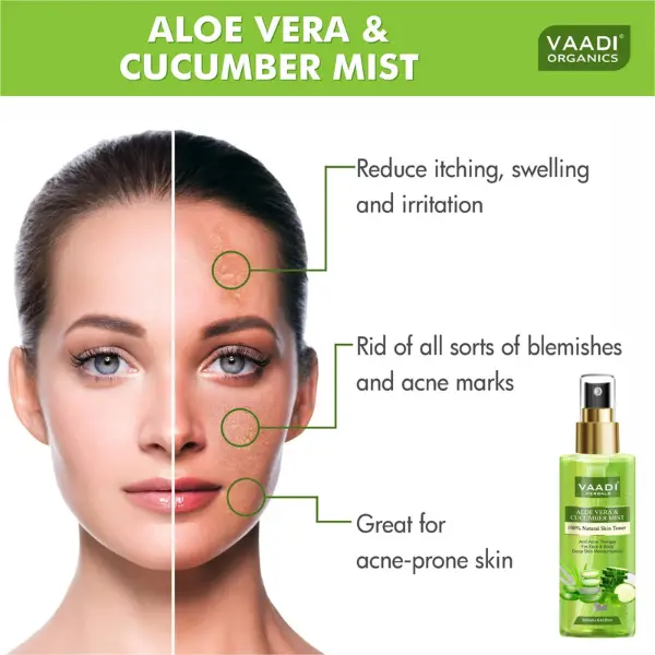 VAADI Aloe Vera & Cucumber Mist 100% Natural Skin Toner (250 ml) - Image 2