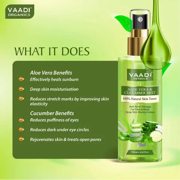 VAADI Aloe Vera & Cucumber Mist 100% Natural Skin Toner (250 ml) - Image 5