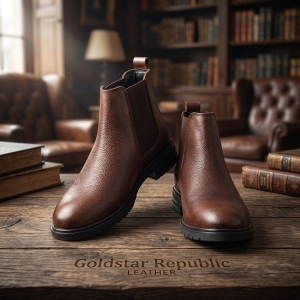 VE-2002 Men’s Brown Textured Leather Chelsea Boots – Slip-On Ankle Boots with Lug Rubber Sole