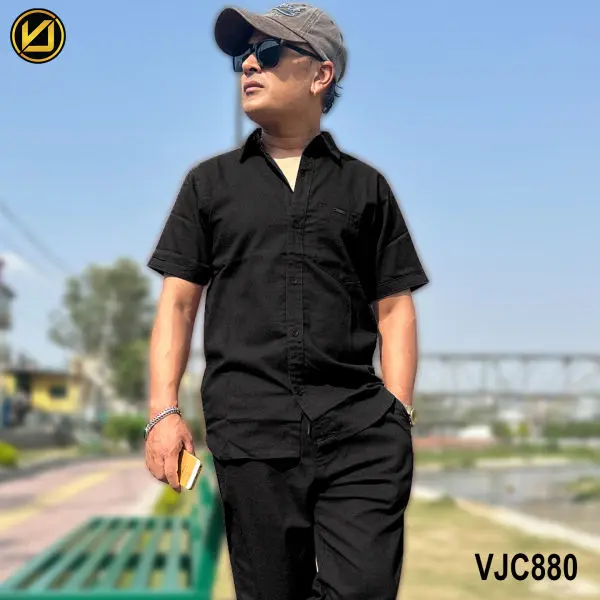 VIRJEANS (VJC880) Summer Linen Half Shirt For Men- Black - Image 2