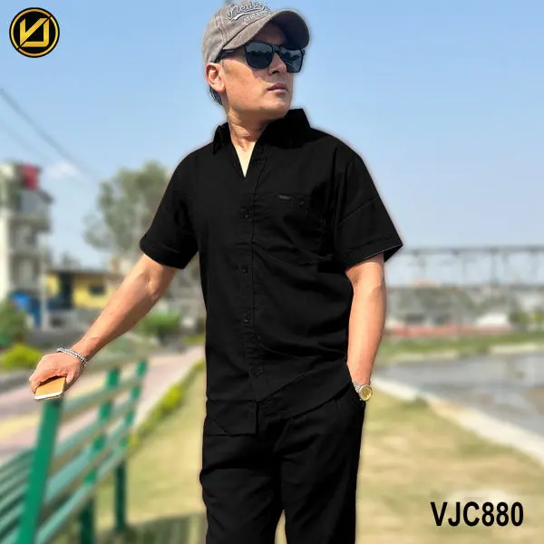 VIRJEANS (VJC880) Summer Linen Half Shirt For Men- Black - Image 3