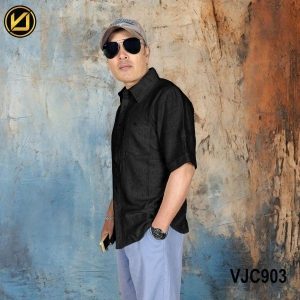 VIRJEANS (VJC903) Summer Linen Half Shirt For Men- Black