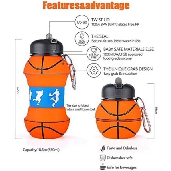 Water Bottle/ Collapsible Silicone Basketball Designed 550ml Sport Water Bottle with Keyring - Image 2