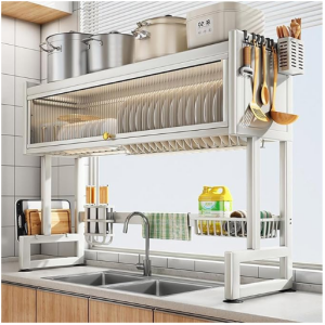 White 3 Tier Over Sink Dish Rack Drainer with Cover - Space-Saving Organized Drying Rack for Dishes, Glasses, Bowls, Cutlery