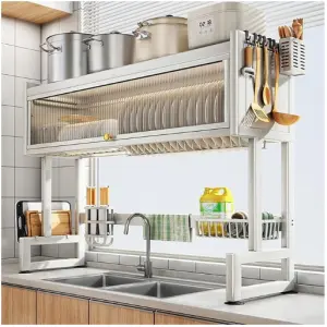 White 3 Tier Over Sink Dish Rack Drainer with Cover - Space-Saving Organized Drying Rack for Dishes, Glasses, Bowls, Cutlery
