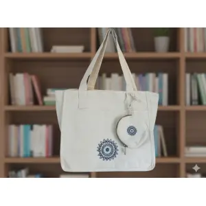 White Cotton Shoulder Bag – 3 Compartments & Round Coin Pouch