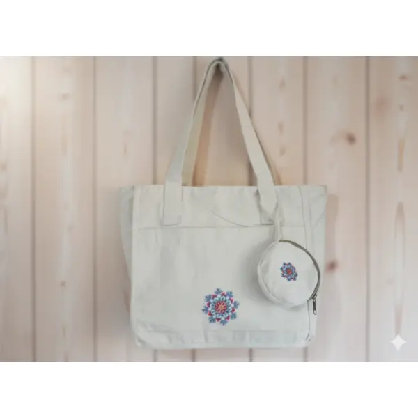 White Cotton Shoulder Bag – 3 Compartments & Round Coin Pouch - Image 5