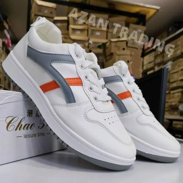 White Sneakers for Women Korean with Grey Orange Stripes - Image 3