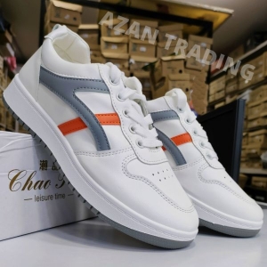 White Sneakers for Women Korean with Grey Orange Stripes