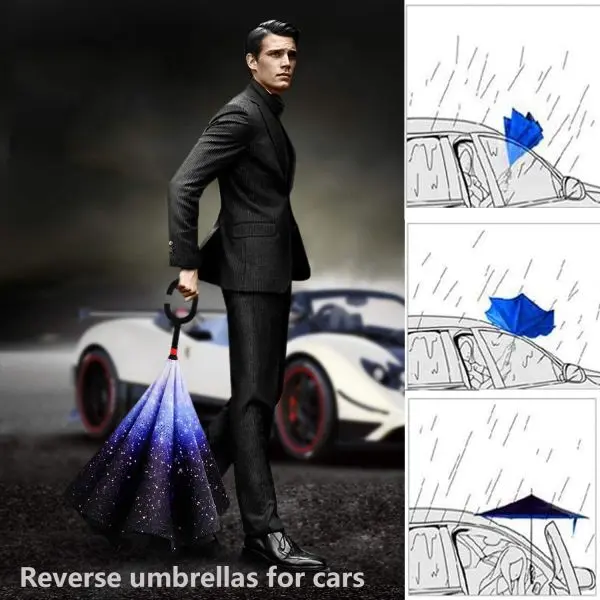 Windproof Upside Down Umbrella Reverse Double Layer FREE BAG Inside-Out C-Handle - Image 3