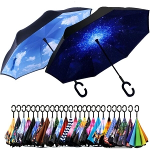 Windproof Upside Down Umbrella Reverse Double Layer FREE BAG Inside-Out C-Handle
