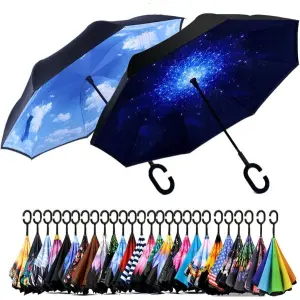 Windproof Upside Down Umbrella Reverse Double Layer FREE BAG Inside-Out C-Handle