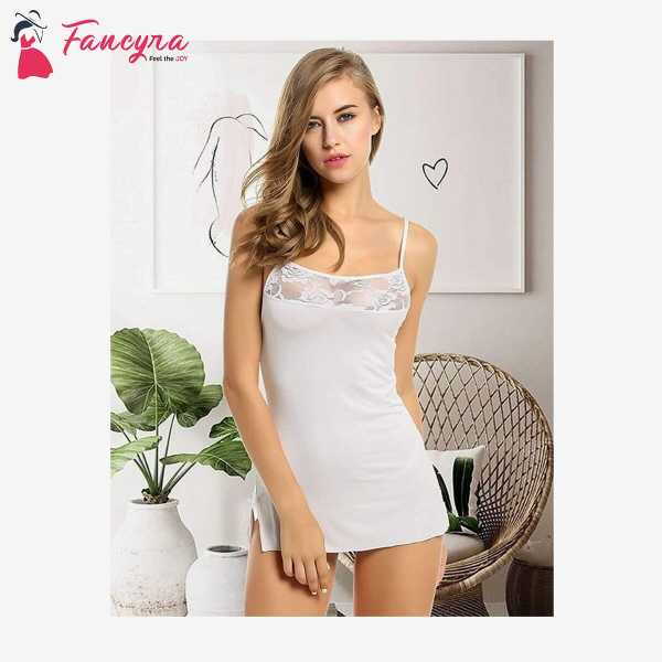 Women Above knee Baby Doll Top Lingerie With G String Panty White Color Free Size