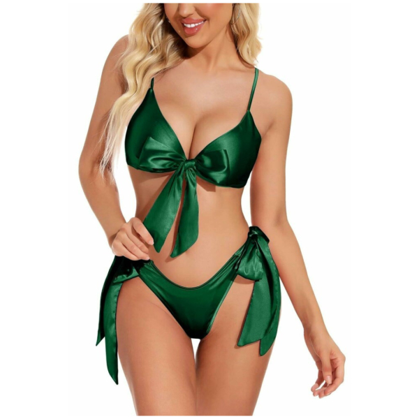Women Babydoll Black Lingerie Set Satin Silk Two Piece Bra and Panty Sets for Valentine Honeymoon Nightwear Dress Free Size Green Color - Image 2