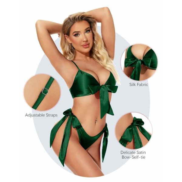 Women Babydoll Black Lingerie Set Satin Silk Two Piece Bra and Panty Sets for Valentine Honeymoon Nightwear Dress Free Size Green Color - Image 4
