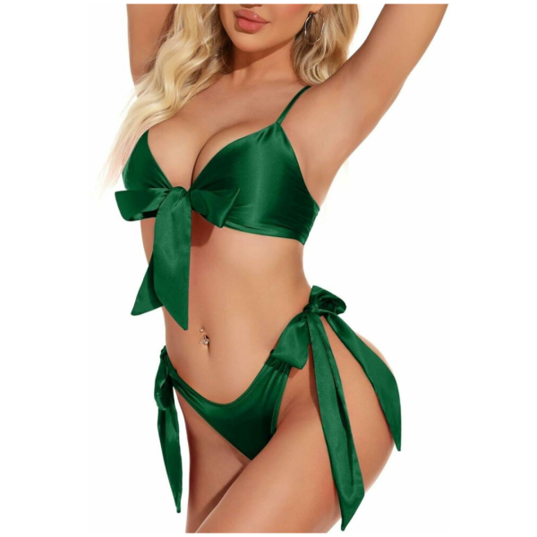 Women Babydoll Black Lingerie Set Satin Silk Two Piece Bra and Panty Sets for Valentine Honeymoon Nightwear Dress Free Size Green Color