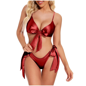 Women Babydoll Black Lingerie Set Satin Silk Two Piece Bra and Panty Sets for Valentine Honeymoon Nightwear Dress Free Size Maroon Color