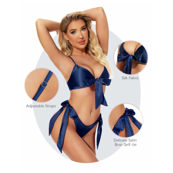 Women Babydoll Black Lingerie Set Satin Silk Two Piece Bra and Panty Sets for Valentine Honeymoon Nightwear Dress Free Size Navy Blue Color - Image 3