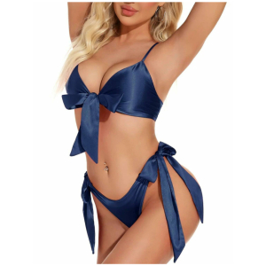 Women Babydoll Black Lingerie Set Satin Silk Two Piece Bra and Panty Sets for Valentine Honeymoon Nightwear Dress Free Size Navy Blue Color