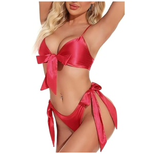 Women Babydoll Black Lingerie Set Satin Silk Two Piece Bra and Panty Sets for Valentine Honeymoon Nightwear Dress Free Size Red Color