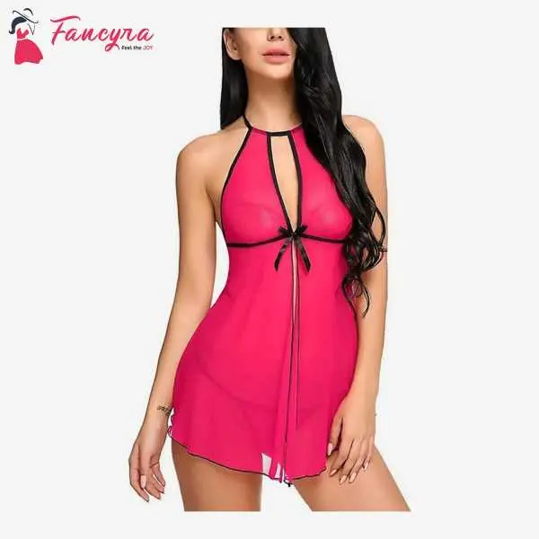 Women Babydoll Nightwear Lingerie with Open Front With G String Panty Free Size Pink Color