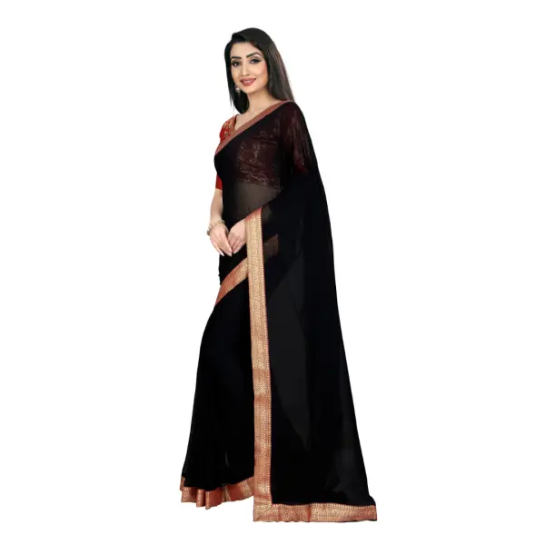 Women Chiffon Embellished Saree with Blouse Piece Free Size Black Color - Image 4