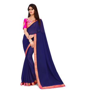 Women Chiffon Embellished Saree with Blouse Piece Free Size Blue Color