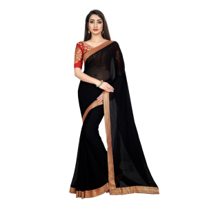 Women Chiffon Saree with Blouse Piece Free Size Black Color