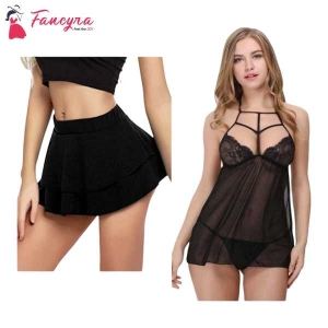 Women Combo Set of Pleated Mini Skirt and Babydoll Lingerie Set Free Size Black Color
