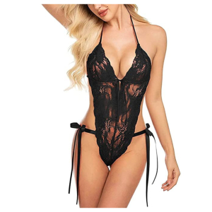 Women Deep V Lingerie Lace Teddy One Piece Babydoll Mini Bodysuit Free Size Black Color