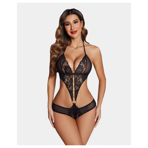Women Deep V Lingerie Lace Teddy One Piece Babydoll Mini Bodysuit Free Size Black Color