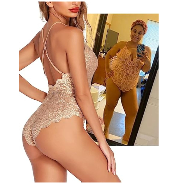 Women Deep V Lingerie Lace Teddy One Piece Babydoll Mini Bodysuit Free Size Cream Color - Image 3