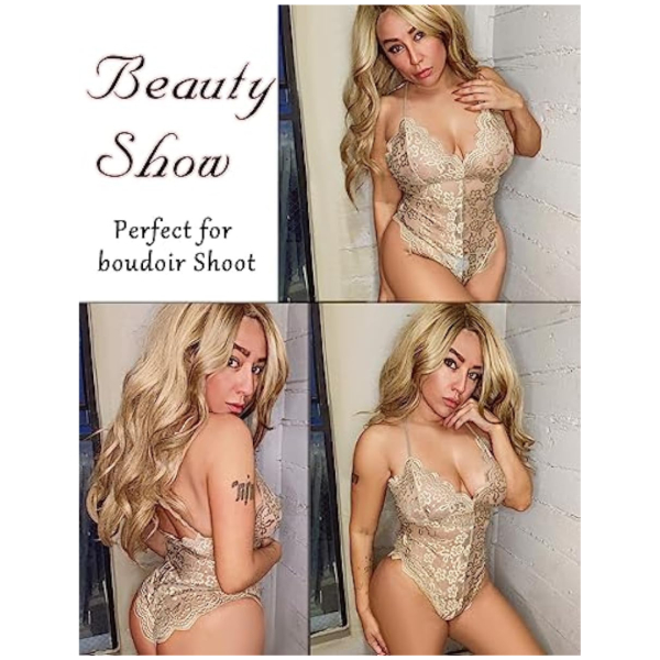 Women Deep V Lingerie Lace Teddy One Piece Babydoll Mini Bodysuit Free Size Cream Color - Image 4