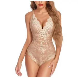 Women Deep V Lingerie Lace Teddy One Piece Babydoll Mini Bodysuit Free Size Cream Color