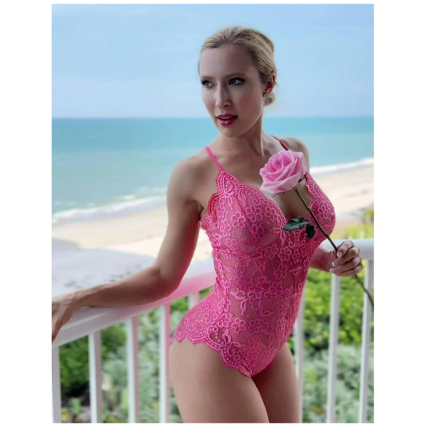 Women Deep V Lingerie Lace Teddy One Piece Babydoll Mini Bodysuit Free Size Pink Color - Image 2