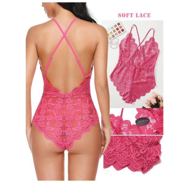 Women Deep V Lingerie Lace Teddy One Piece Babydoll Mini Bodysuit Free Size Pink Color - Image 3