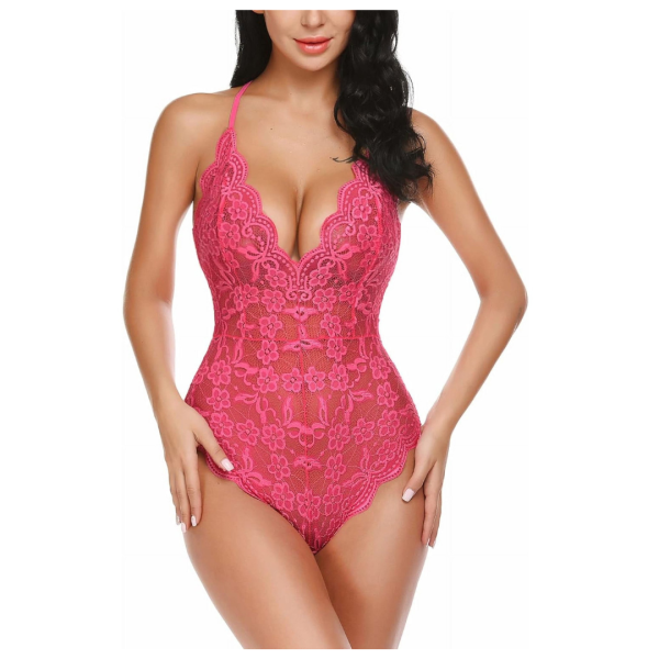 Women Deep V Lingerie Lace Teddy One Piece Babydoll Mini Bodysuit Free Size Pink Color